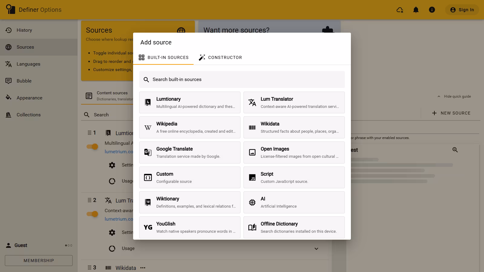 The full Definer Options frame with the built-in source picker showing Lumtionary, Lum Translator, Wiktionary, AI, and the other current content sources