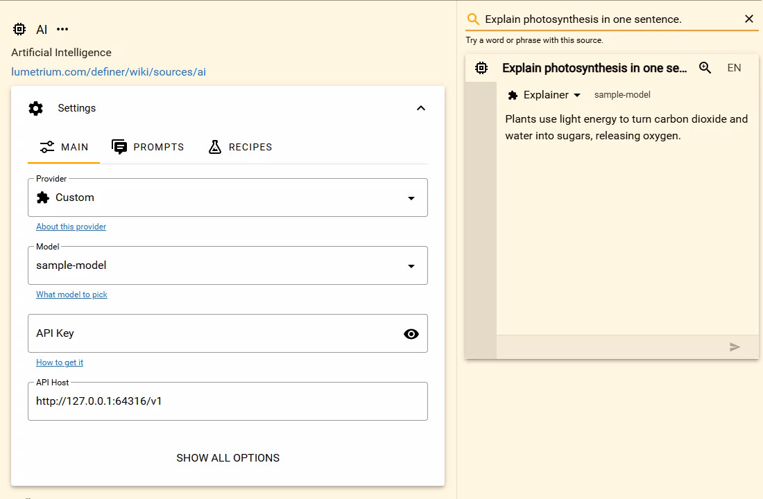 AI Main settings with Custom selected, sample-model, an empty API key, a local OpenAI-compatible API Host ending in v1, and a successful photosynthesis Preview