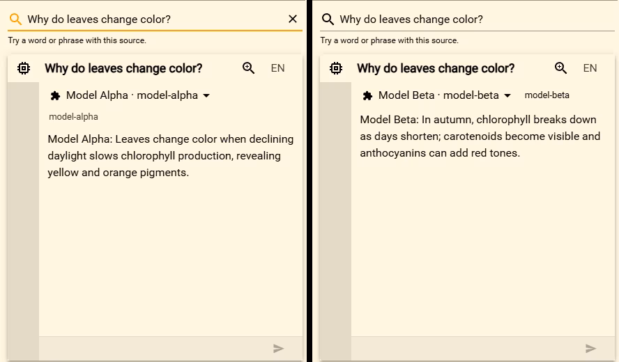 Side-by-side AI Preview comparison of the same question answered by model-alpha and model-beta