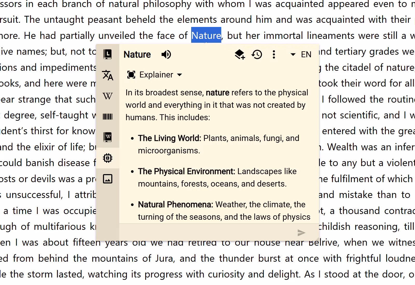 The default AI Explainer in a normal unpinned Bubble over selected text, with a clear answer about Nature