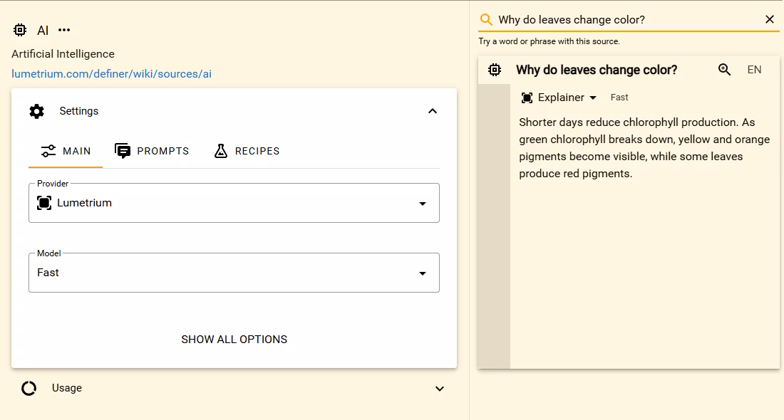 AI Main settings with Lumetrium and Fast selected beside a successful Preview explaining why leaves change color