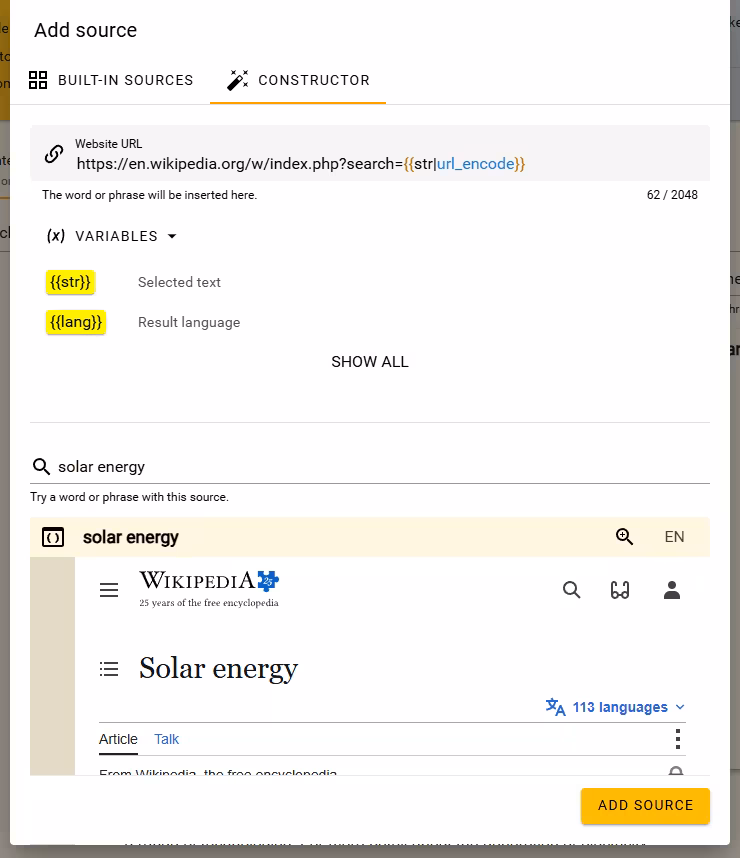 The applied reusable URL opening a solar energy result in the Constructor Preview