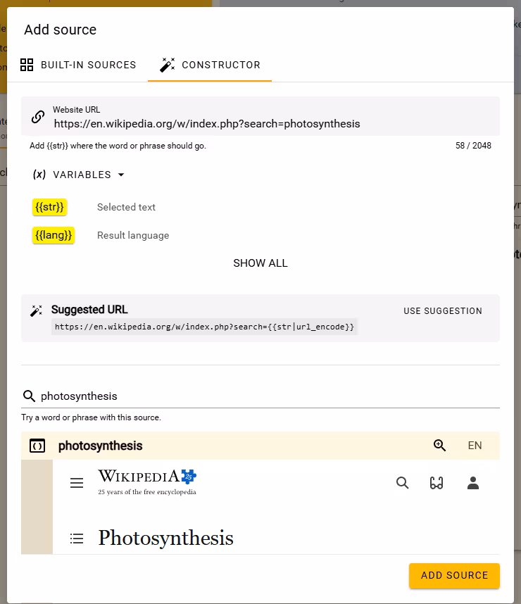 The Constructor offering a reusable Suggested URL for a Wikipedia search address