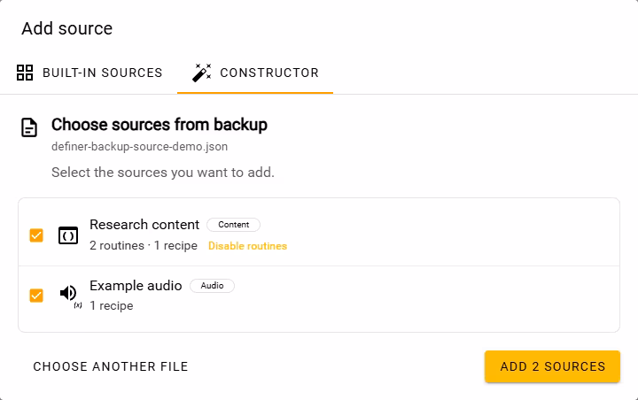 Choosing Content and Audio sources from a backup before adding them