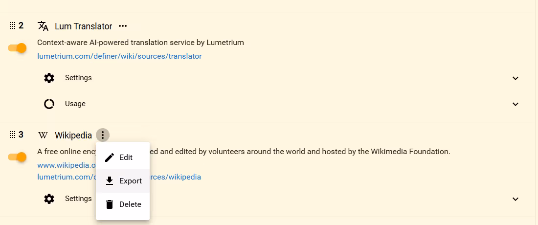A source row with its Actions menu open on Export