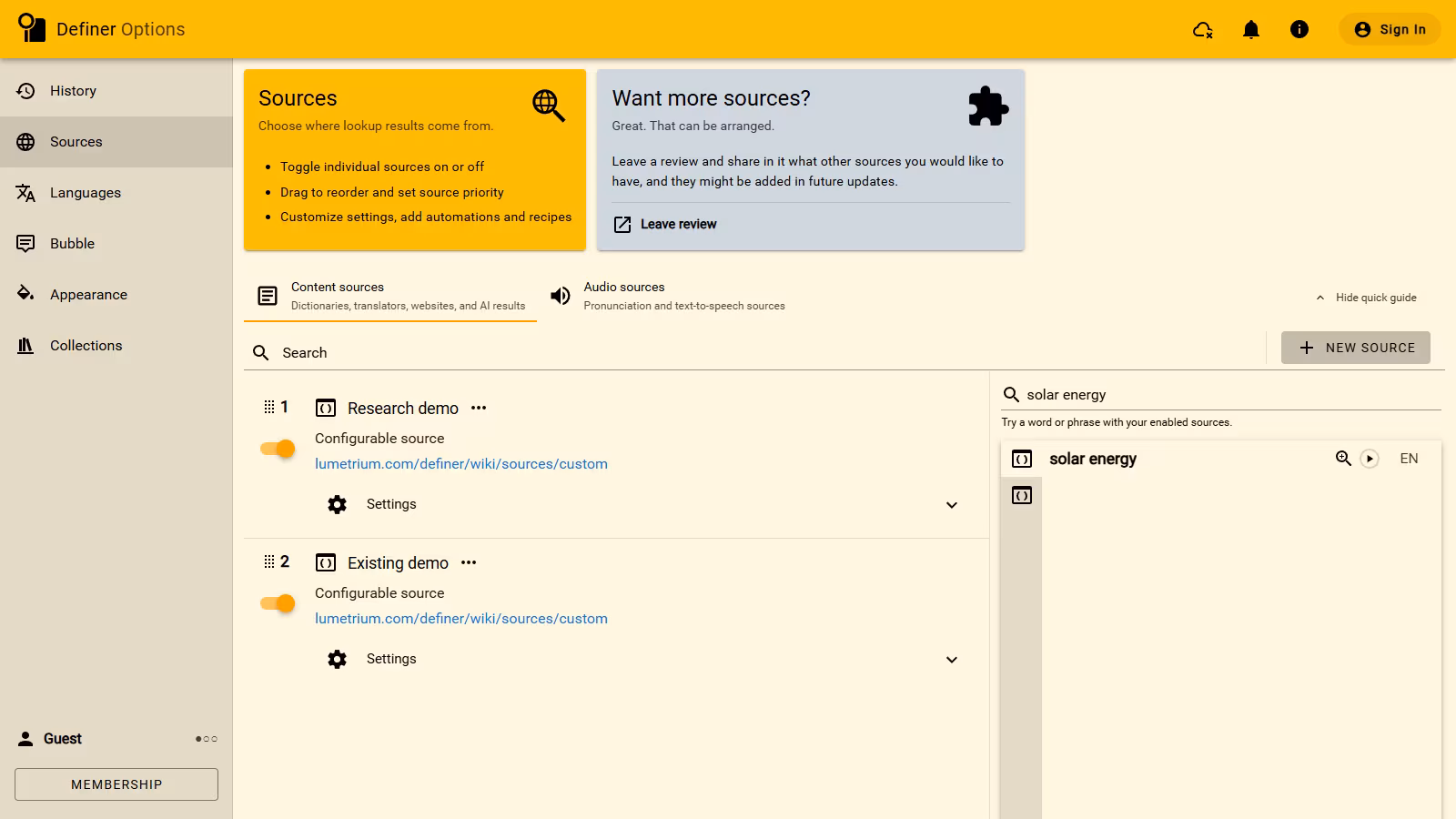 The full Definer Options frame showing the imported Research demo at the top of the content sources