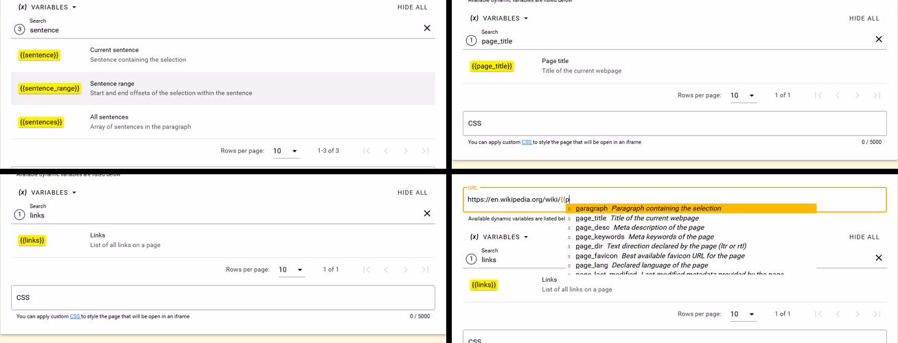 Variable search results for sentence, page title, and links beside Liquid autocomplete