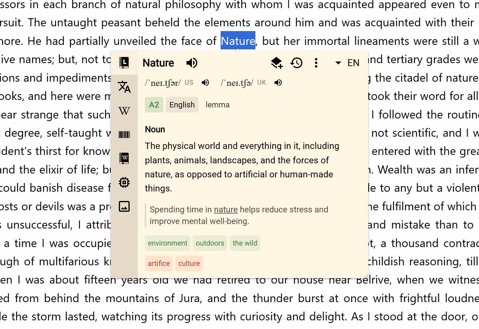 A default Lumtionary result in a normal unpinned Bubble over the selected word Nature, with pronunciation, definition, example, synonyms, and the EN result-language code