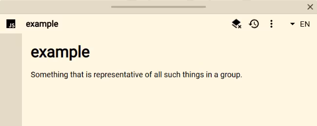 Dictionary API result showing example and its first returned definition
