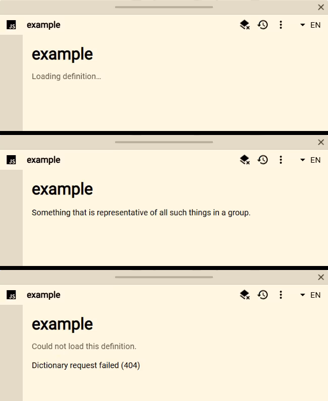 Dictionary API Script result in loading, success, and error states