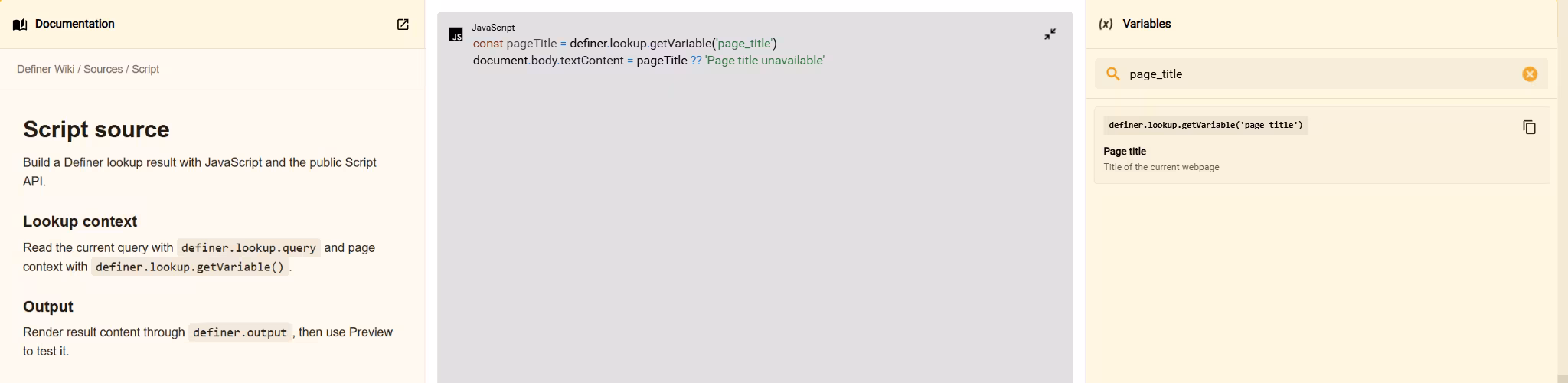 Maximized Script editor with Script Wiki guidance, page-title code, and the filtered page_title variable