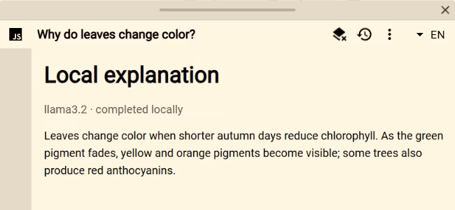 Completed Ollama Explainer result for a harmless question with the local model and answer visible