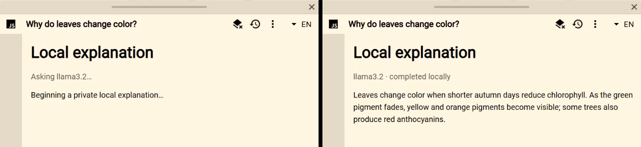 Local Ollama Script result while generation starts and after the answer completes