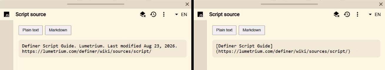 Page Citation showing plain-text and Markdown output for the Script guide