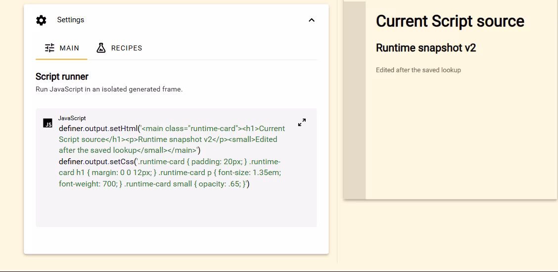 The edited Script Source producing Runtime snapshot v2 in its live Preview