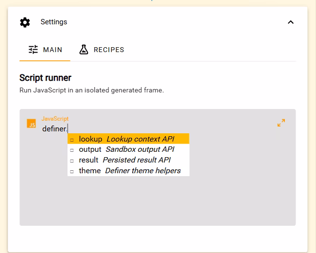 Script source settings with JavaScript API autocomplete