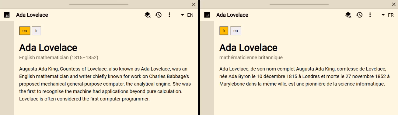 Wikipedia Summary for Ada Lovelace in English and French with the active language control visible