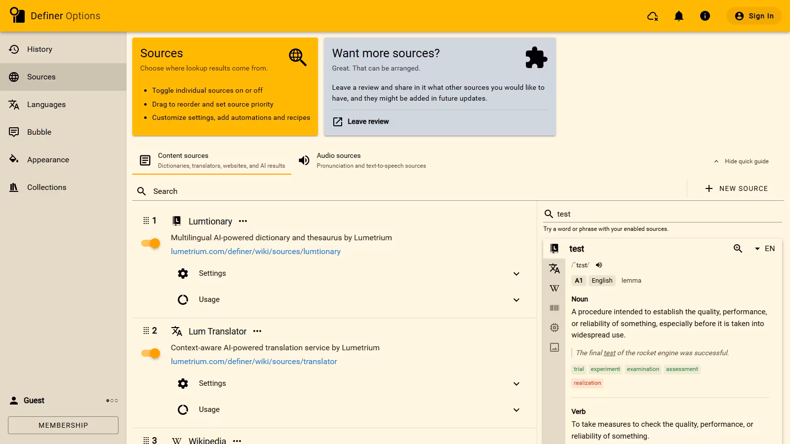 The full Definer Options frame showing the current content sources, their order, and a live preview