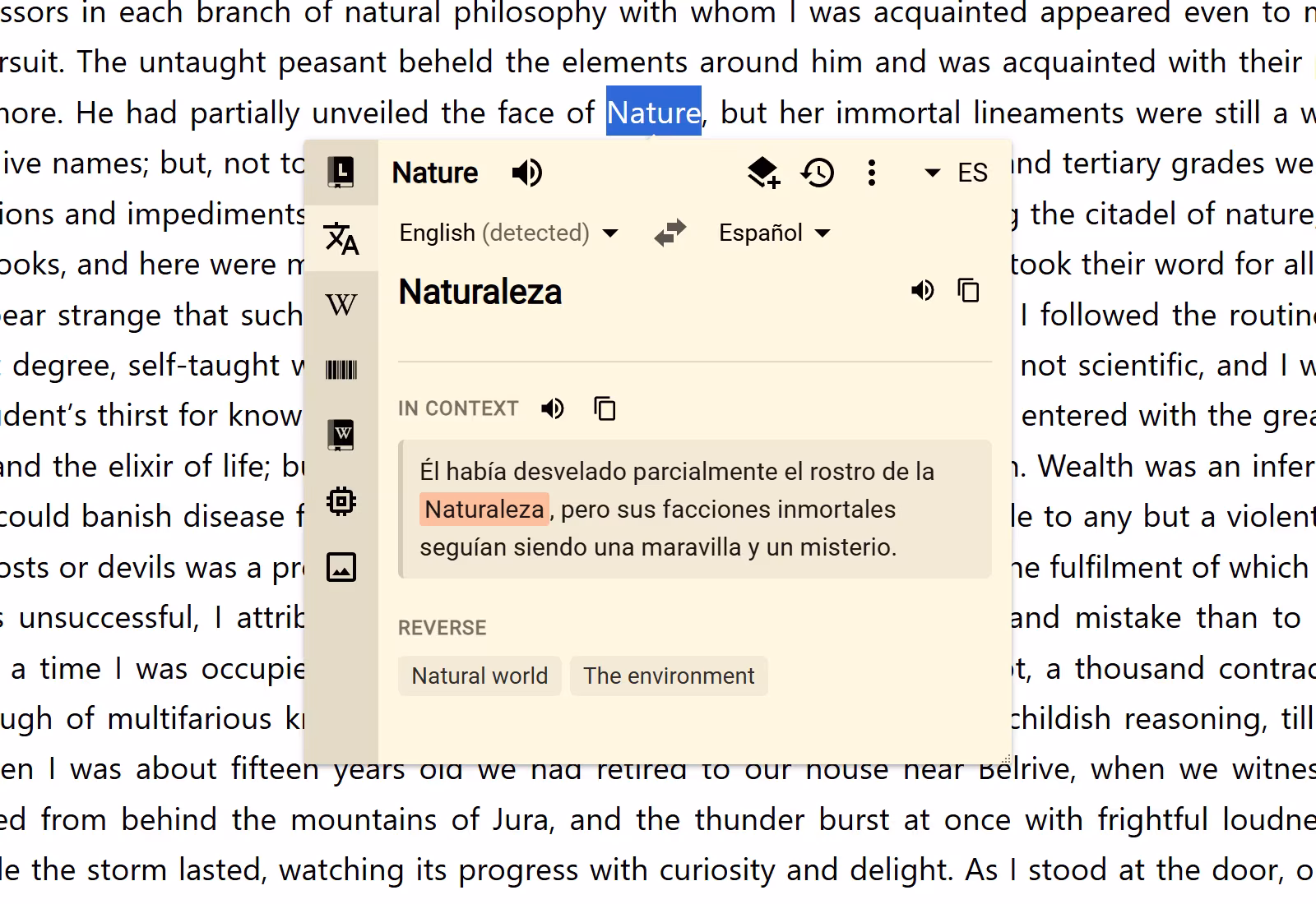 A default Lum Translator result in a normal unpinned Bubble over selected English text, showing the ES target code, Naturaleza, its contextual translation, and reverse meanings