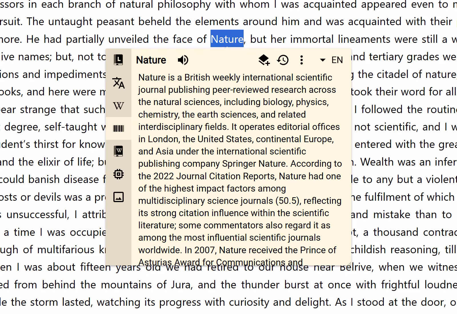 A default Wikidata result in a normal unpinned Bubble over the selected word Nature