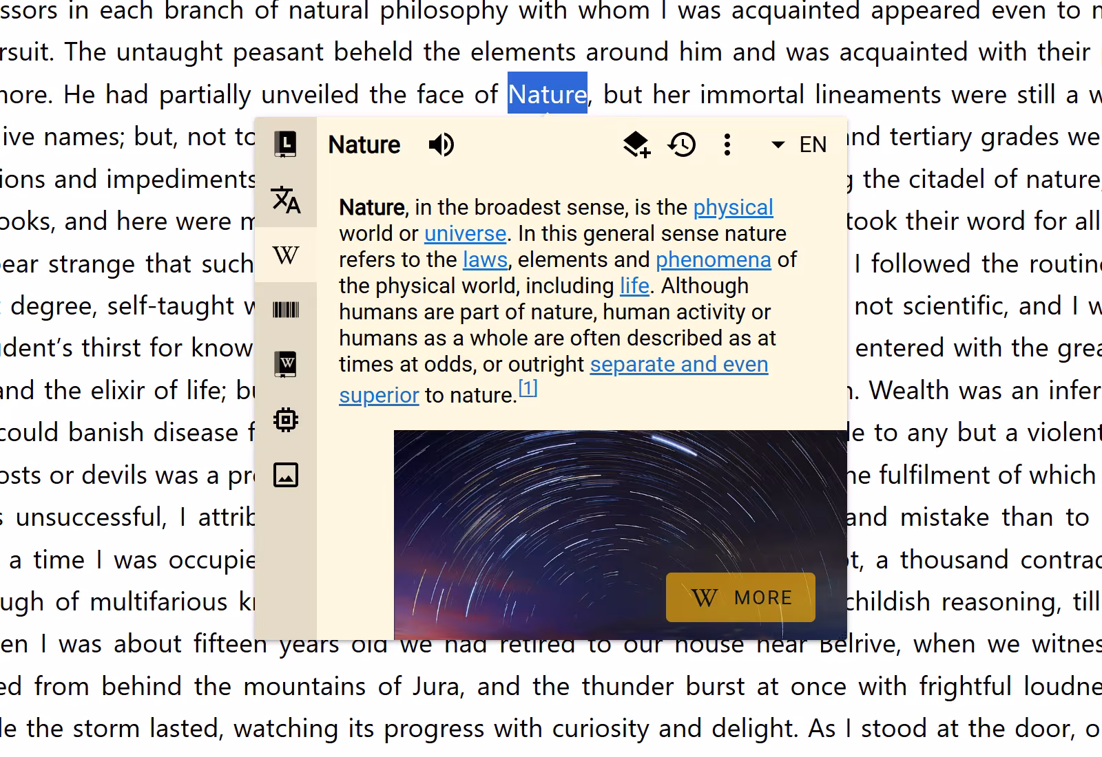 A default Wikipedia result in a normal unpinned Bubble over the selected word Nature