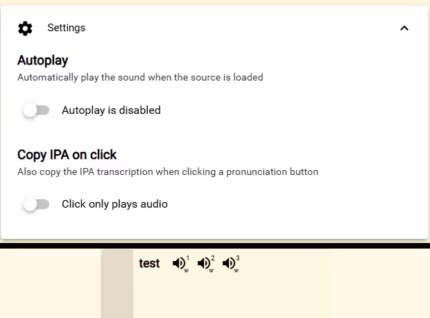 Wiktionary Pronunciation settings for Autoplay and Copy IPA on click with a numbered-recordings result inset