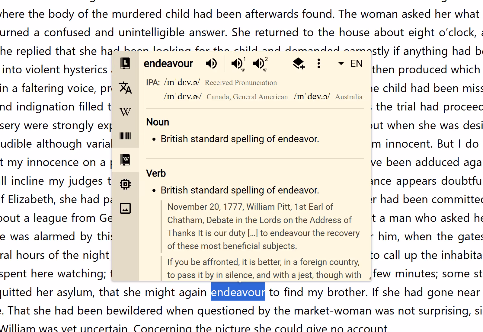 A default Wiktionary result in a normal unpinned Bubble over the selected word endeavour, with pronunciation, noun and verb meanings, and examples